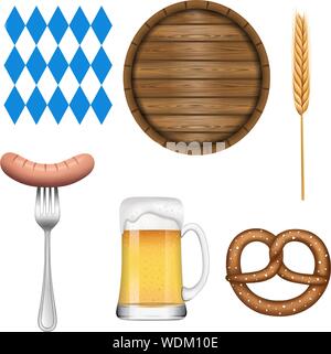 Set oktoberfest elements  beer mug, fork, frankfurter, wooden barrel, oktoberfest pattern, pretzel and ear of corn Stock Vector