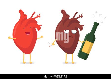 Sad unhealthy sick human heart with alcohol bottle and smoking cigarette and strong healthy happy cartoon character. Vector cartoon mascot comparison illustration Stock Vector