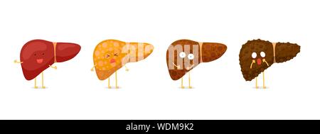 Stages human liver character damage concept set. Healthy liver steatosis fatty NASH fibrosis and cirrhosis. Vector cartoon medical reversible and irreversible mascot condition illustration Stock Vector