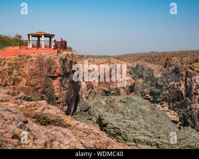 Tourists on the viewing platform inside the Ken Gharial Sanctuary, Khajuraho, Madhya Pradesh, India, Asia Stock Photo