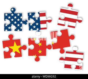 USA and China as jigsaw puzzle pieces with flags of the United States of America and China on white background. Trade war concept.