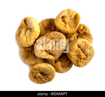 Dried figs isolated. Close up of organic dried fruits on white background. Top view. Pile of dried figs Stock Photo