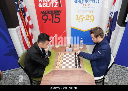 St. Louis, United States. 28th Aug, 2019. Chess Grand Master Magnus Carlsen  of Norway, makes a move during the final round of play against Grand Master  Maxime Vachier-Lagrave of France in the