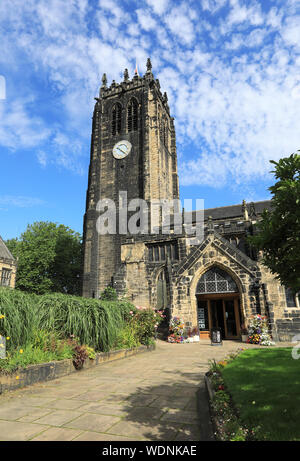 Entrance and tower of Halifax Minster, where Anne Lister of 'Gentleman Jack' fame was baptised and buried, in West Yorkshire, UK Stock Photo