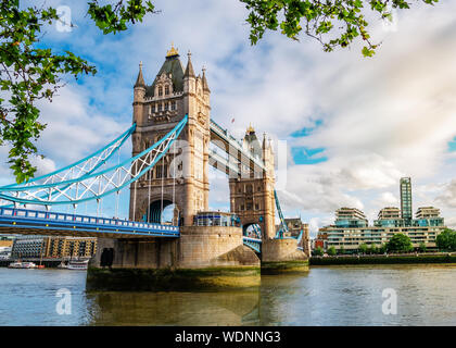 Wide angle view of the famous landmark of London Tower Bridge across the Thames river in England, UK Stock Photo