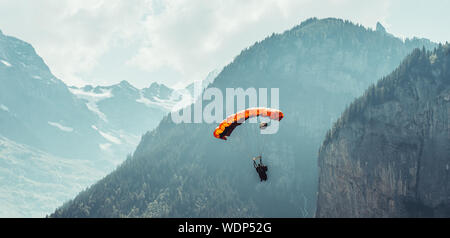 A BASE jumper prepares to touchdown in a field near Interlaken with the alps rising in the background. Stock Photo