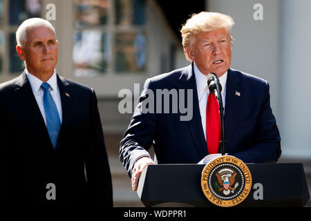 Washington, USA. 29th Aug, 2019. U.S. President Donald Trump (R) speaks during a ceremony at the White House in Washington, DC, the United States, on Aug. 29, 2019. The U.S. government on Thursday announced to establish the U.S. Space Command to defend its interests in space. Credit: Ting Shen/Xinhua Stock Photo