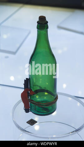 Anti-tank bottle with a Korobov-Pastukhov device for ignition of a flammable mixture manufactured in Tula in 1941 during World War II, exhibited in the Tula State Museum of Weapons in Tula, Russia. Stock Photo