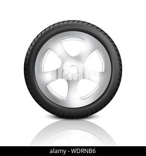 Vector 3d Realistic Render Car Wheel Icon Closeup Isolated on White Background. Design Template of New Tires with Alloy Rims Front Side View Stock Vector