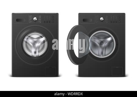 Vector 3d Realistic Modern Black Steel Closed and Opened Washing Machine Icon Set Closeup Isolated on White Background. Design Template of Wacher Stock Vector