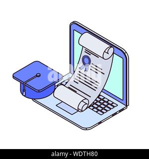 laptop with sheets of paper on white background Stock Vector