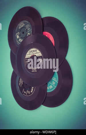 a stack of old vinyl singles records Stock Photo