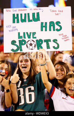 Philadelphia, Pennsylvania, USA. 29th Aug, 2019. August 29, 2019: Fans with a sign for ''Hulu has Live Sports'' during the Victory Tour match between Portugal and the United States at Lincoln Financial Field in Philadelphia, Pennsylvania. Christopher Szagola/CSM Credit: Cal Sport Media/Alamy Live News Stock Photo