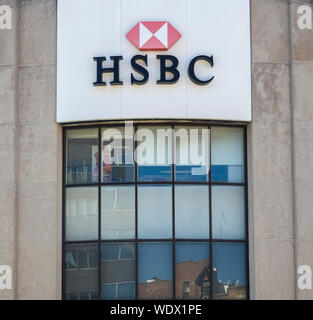 New York, NY - April 16, 2019: Exterior of HSBC Bank branch building with logo, Brooklyn, NY. HSBC Holdings PLC is the multinational banking and finan Stock Photo