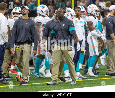 August 29, 2019: Miami Dolphins Head Coach Brian Flores walks the sideline during a preseason game between the New Orleans Saints and the Miami Dolphins at the Mercedes Benz Superdome in New Orleans, LA. Jonathan Mailhes/CSM Stock Photo