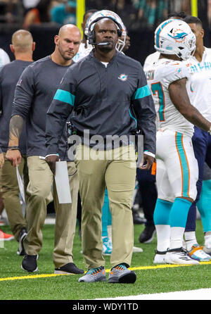 August 29, 2019: Miami Dolphins Head Coach Brian Flores walks the sideline during a preseason game between the New Orleans Saints and the Miami Dolphins at the Mercedes Benz Superdome in New Orleans, LA. Jonathan Mailhes/CSM Stock Photo