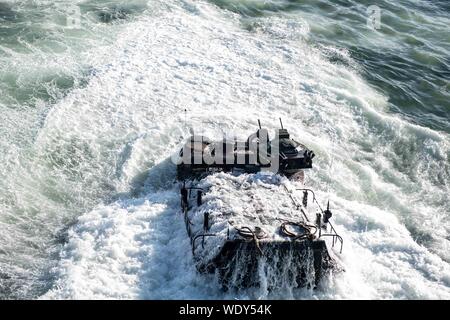 190827-N-OQ778-1114 SEPETIBA BAY, Brazil (Aug. 27, 2019) An amphibious assault vehicle leaves the well deck of the the Harpers Ferry-class amphibious dock landing ship USS Carter Hall (LSD 50) during ampibious operations in Sepetiba Bay, Brazil, in support of UNITAS LX (60) Aug. 27, 2019. UNITAS, which is Latin for “unity,” was conceived in 1959, first executed in 1960 and has been held every year since. (U.S. Navy photo by Mass Communication Specialist 3rd Class Kody A. Phillips/Released) Stock Photo