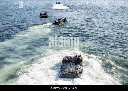 190827-N-OQ778-1105 SEPETIBA BAY, Brazil (Aug. 27, 2019) An amphibious assault vehicle leaves the well deck of the the Harpers Ferry-class amphibious dock landing ship USS Carter Hall (LSD 50) during ampibious operations in Sepetiba Bay, Brazil, in support of UNITAS LX (60) Aug. 27, 2019. UNITAS, which is Latin for “unity,” was conceived in 1959, first executed in 1960 and has been held every year since. (U.S. Navy photo by Mass Communication Specialist 3rd Class Kody A. Phillips/Released) Stock Photo