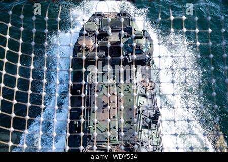 190827-N-OQ778-1081 SEPETIBA BAY, Brazil (Aug. 27, 2019) An amphibious assault vehicle leaves the well deck of the the Harpers Ferry-class amphibious dock landing ship USS Carter Hall (LSD 50) during ampibious operations in Sepetiba Bay, Brazil, in support of UNITAS LX (60) Aug. 27, 2019. UNITAS, which is Latin for “unity,” was conceived in 1959, first executed in 1960 and has been held every year since. (U.S. Navy photo by Mass Communication Specialist 3rd Class Kody A. Phillips/Released) Stock Photo