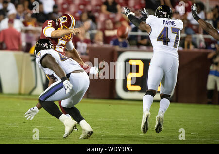 Washington Redskins punter Tress Way (5) punts from his own end zone in the  fourth quarter against the Philadelphia Eagles at FedEx Field in Landover,  Maryland on Sunday, September 10, 2017. The