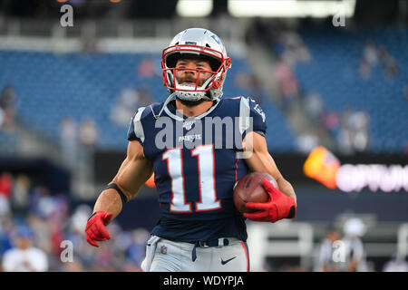 Foxborough, Massachusetts, USA. 29th Aug, 2019. August 29, 2019: New England Patriots wide receiver Julian Edelman (11) wars up before the pre-season NFL game between the New York Giants and the New England Patriots held at Gillette Stadium in Foxborough Massachusetts. The Giants defeat the Patriots 31-29 in regulation time. Eric Canha/CSM Credit: Cal Sport Media/Alamy Live News Stock Photo