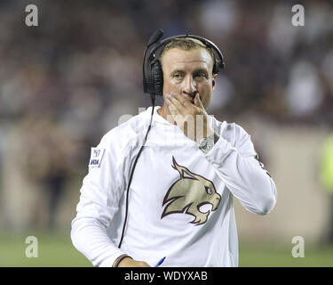 College Station, TX, USA. 29th Aug, 2019. Texas State Bobcats head coach Jake Spavital during an NCAA football game between Texas A&M and Texas State at Kyle Field in College Station, Texas on August 29, 2019. Credit: Scott Coleman/ZUMA Wire/Alamy Live News
