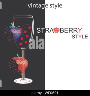 Wineglass with strawberry vector illustration. vintage style banner with strawberry. vector illustration. Stock Vector