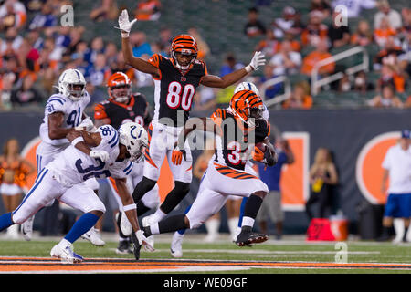 August 22, 2019: Cincinnati Bengals wide receiver Josh Malone (80) during  NFL football preseason game action between the New York Giants and the Cincinnati  Bengals at Paul Brown Stadium in Cincinnati, OH.