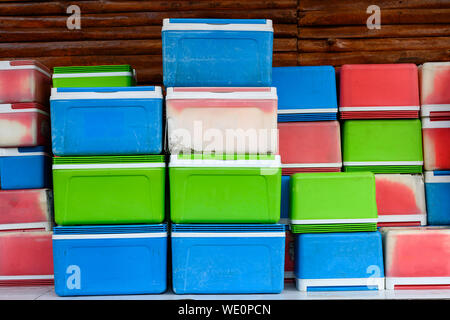 Colorful refrigerate ice container box stacked Stock Photo