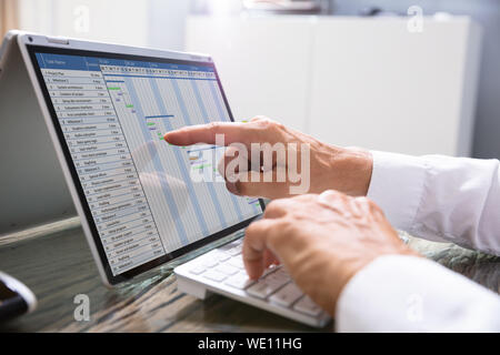 Businessman's Hand Analyzing Gantt Chart On Laptop Over Reflective Desk Stock Photo