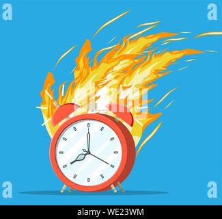 Red alarm clock in fire. Burning clock. Stock Vector