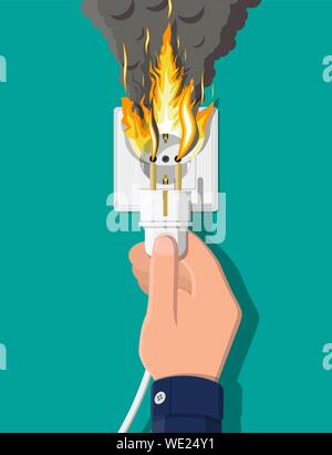 Electrical outlet on fire. Overload of network. Stock Vector