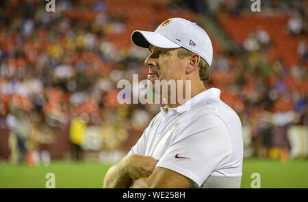 Landover, Maryland, USA. 29th Aug, 2019. Washington Redskins head coach Jay Gruden watches the fourth quarter action against the Baltimore Ravens at FedEx Field in Landover, Maryland on Thursday, August 29, 2018. The Ravens won the game 20 - 7 Credit: Ron Sachs/CNP/ZUMA Wire/Alamy Live News Stock Photo