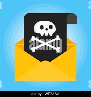 Paper sheet with human scull on it and envelope icon sign flat style design isolated on light blue background vector illustration Stock Vector