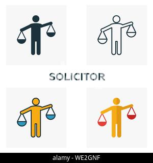 Solicitor icon set. Four elements in diferent styles from business management icons collection. Creative solicitor icons filled, outline, colored and Stock Vector