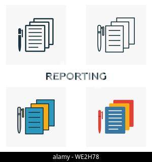 Reporting icon set. Four elements in diferent styles from business management icons collection. Creative reporting icons filled, outline, colored and Stock Vector