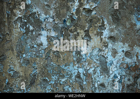 Peeling Blue and Brown Paint on Weathered Wall Texture, Cracked Grunge Surface with Flaking Plaster and Aged Layers, Distressed Urban Background for D Stock Photo
