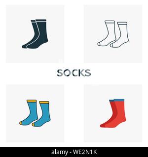 Socks icon set. Four elements in diferent styles from clothes icons collection. Creative socks icons filled, outline, colored and flat symbols Stock Vector