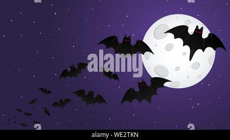 Night sky with stars happy halloween background with flying animal bats and glowing moon flat style design vector illustration. Stock Vector