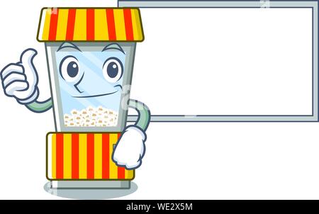 Thumbs up with board popcorn vending machine cartoon isolated mascot Stock Vector