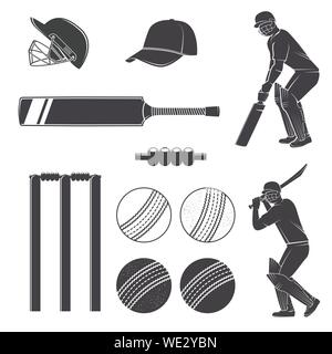 Set of cricket equipment silhouette icons. Vector illustration. Set include cricket bat, wicket, bail, helmet, ball and batsmans. Equipment icons for sport activity. Stock Vector
