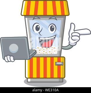 With laptop popcorn vending machine cartoon isolated mascot Stock Vector