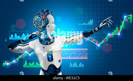 Robot trader assistant on forex market. Automated trading system. Software of stock market. Advisor with artificial intelligence of exchange business Stock Vector