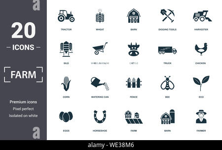 Farm icon set. Contain filled flat tractor, wheat, silo, wheelbarrow ...