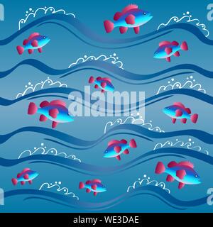 Seamless pattern with fish jumping out of the water. Image of sea waves. Vector EPS10 Stock Vector