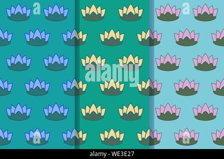 Set of three seamless patterns with water lilies on the pond in one style. Colorful illustration, eps10. Clipping mask applied. Stock Vector