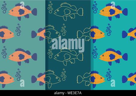 Set of three seamless patterns with floating fish in the sea in one style. Vector EPS10. Clipping mask applied Stock Vector