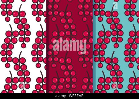Set of three seamless patterns with red currants in one style. Colorful illustration, eps10. Clipping mask applied. Stock Vector