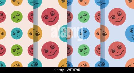 Set of four seamless patterns with funny cartoon comic faces in modern style. Children's drawing. Vector illustration. EPS10 Stock Vector