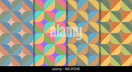 Set of four seamless patterns with abstract figures of cross-shaped structure in one style. Colorful illustration, eps10. Clipping mask applied. Stock Vector